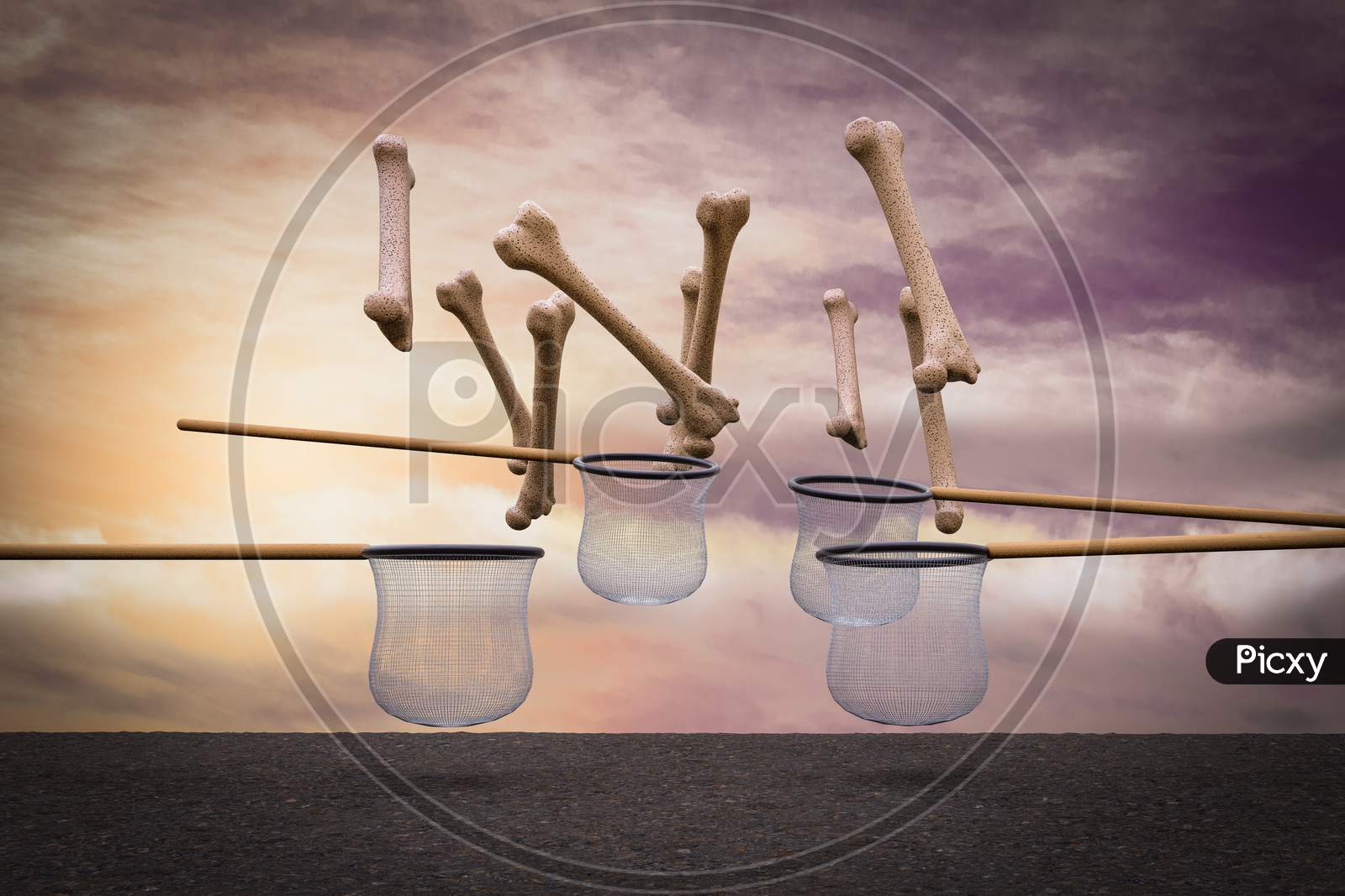 Human Thigh Bones Falling From Sky And The Nets Try To Catch Them At Sunset Magenta Day Demonstrating Osteoporosis Help Concept. 3D Illustration
