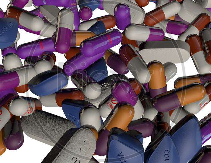 Colorful Capsule Pills (3D Rendered) With Transparent Gel Body