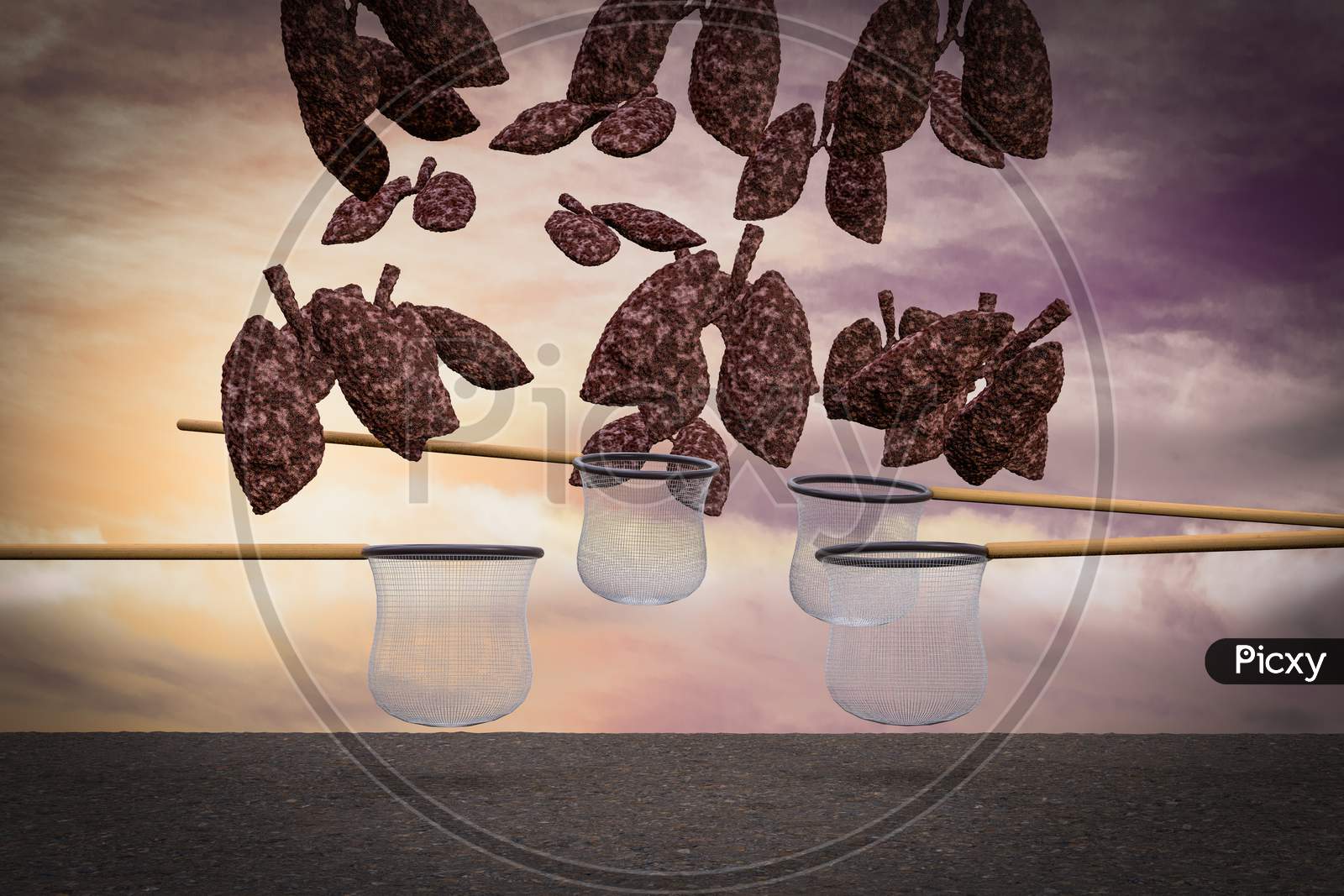 Disease Lungs Falling From Sky And The Nets Try To Catch Them At Sunset Magenta Day Demonstrating No Smoking Or Save Your Lungs Concept. 3D Illustration