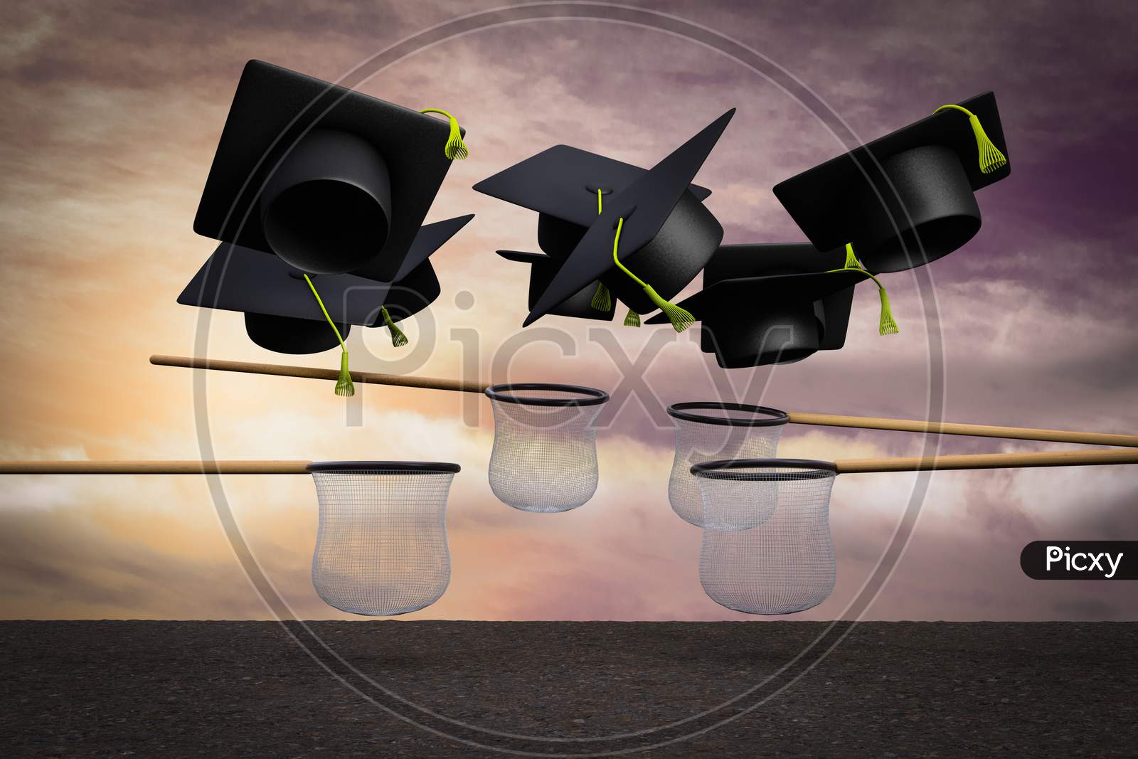 Graduation Hats Falling From Sky And The Nets Try To Catch Them At Sunset Magenta Day Demonstrating Academic Help Concept. 3D Illustration