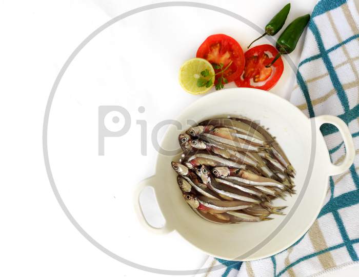 Fresh Anchovy Fish Decorated With Herbs And Lemons On A White Background,Selective Focus.