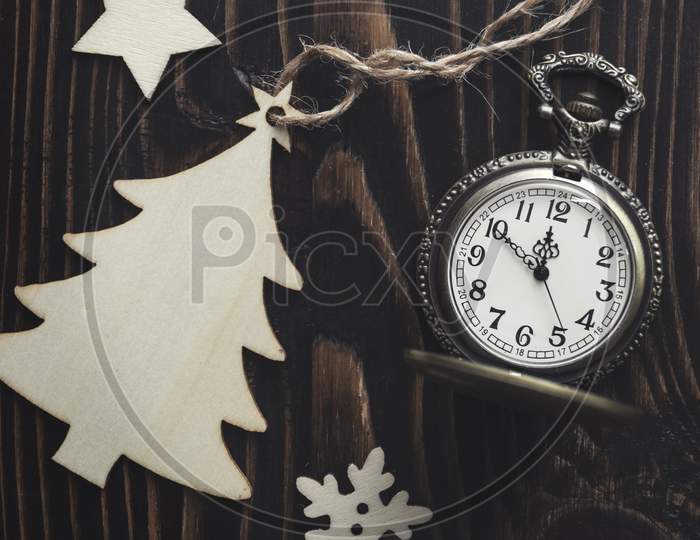 Vintage Golden Pocket Watch And Wooden Christmas Tree