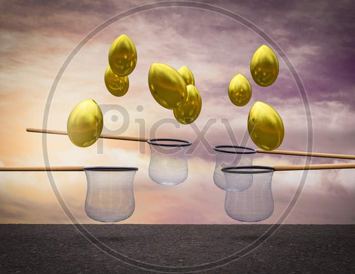 Golden Eggs Falling From Sky And The Nets Try To Catch Them At Sunset Magenta Day Demonstrating Retirement Concept. 3D Illustration