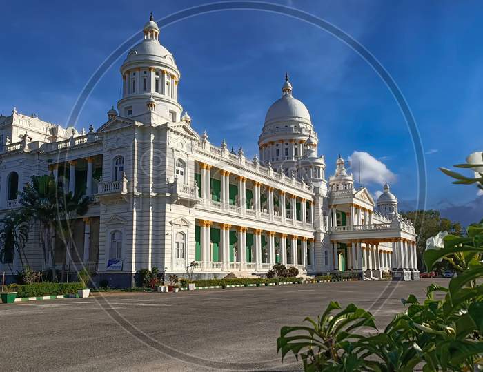 An Exquisite view of the Beautiful Lalitha Mahal Summer Palace painted in White against the Blue sky at Mysuru,India.