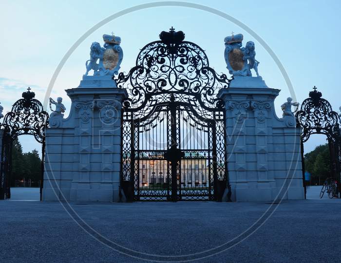 Gate At Belvedere Palace In Vienna, Austria On A Summer Night.