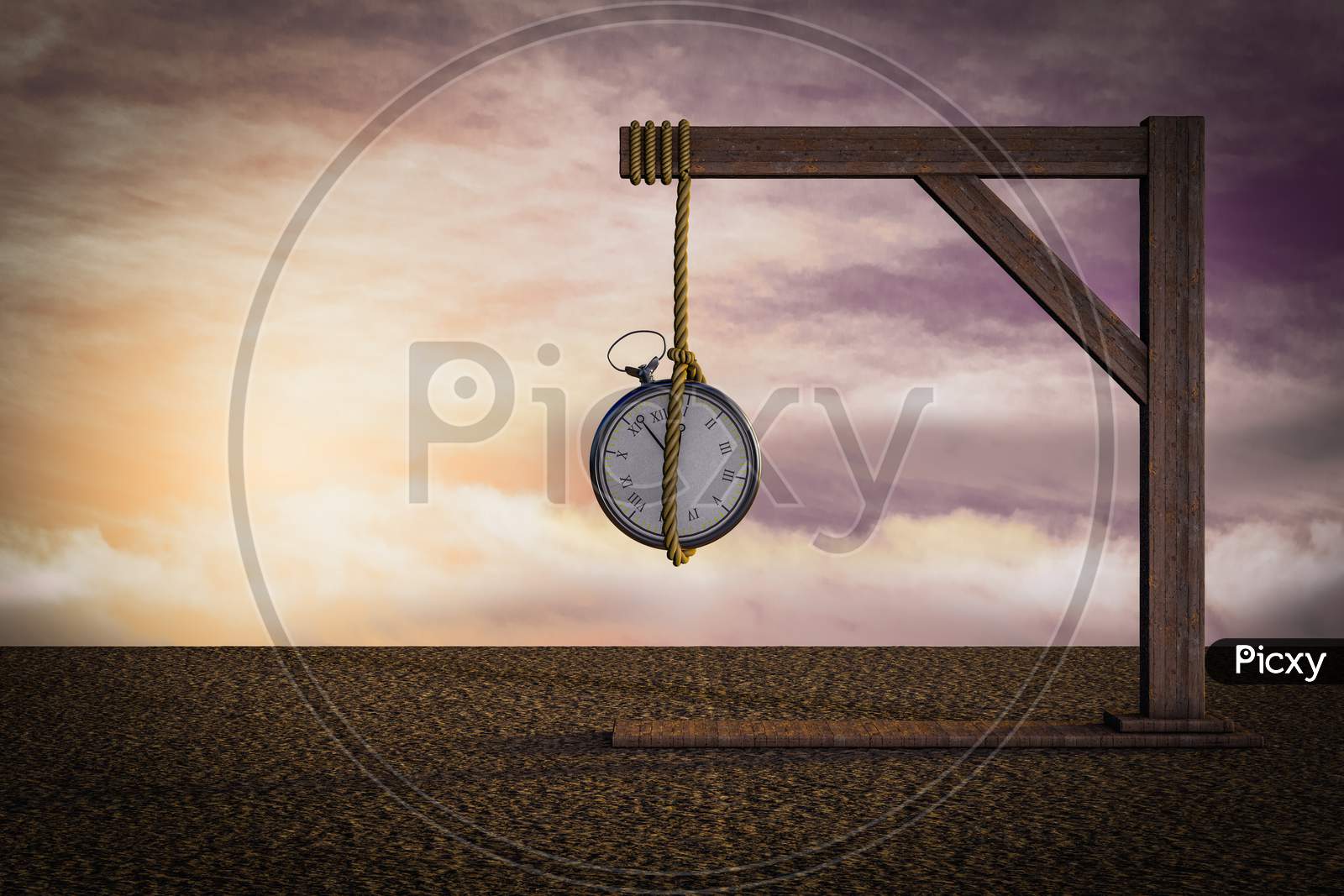 Pocket Watch On Gallows At Sunset Magenta Day Demonstrating Time Struggle Concept. 3D Illustration