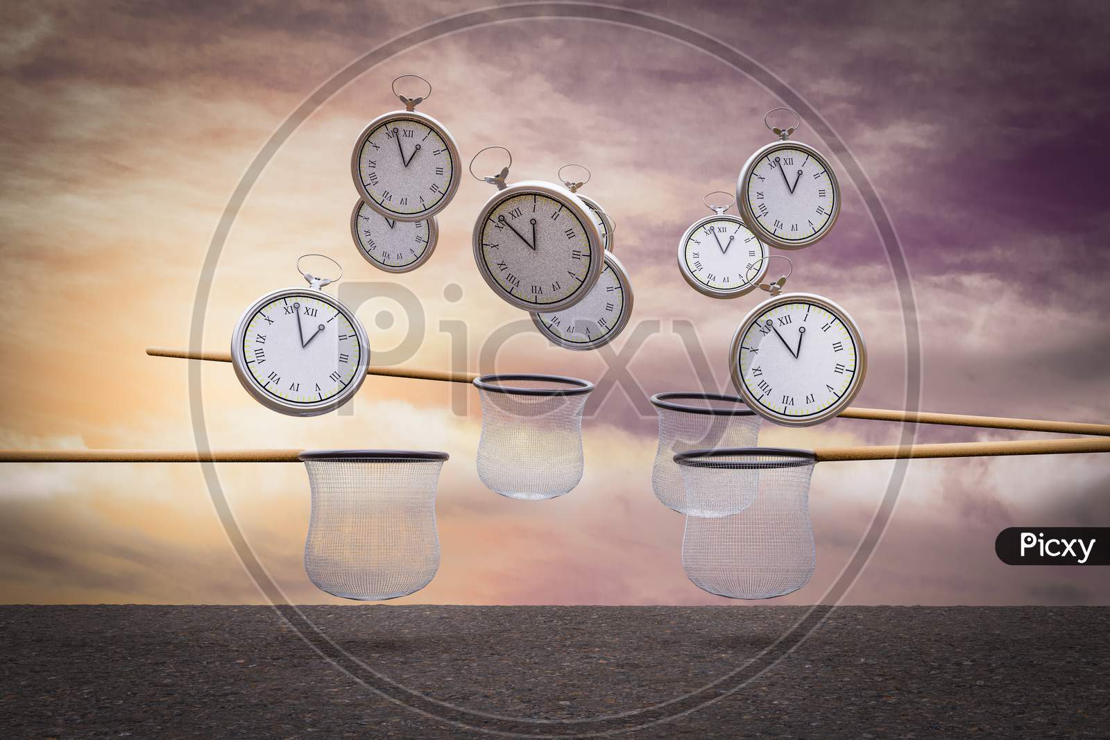 Pocket Watches Falling From Sky And The Nets Try To Catch Them At Sunset Magenta Day Demonstrating Catch Time Concept. 3D Illustration
