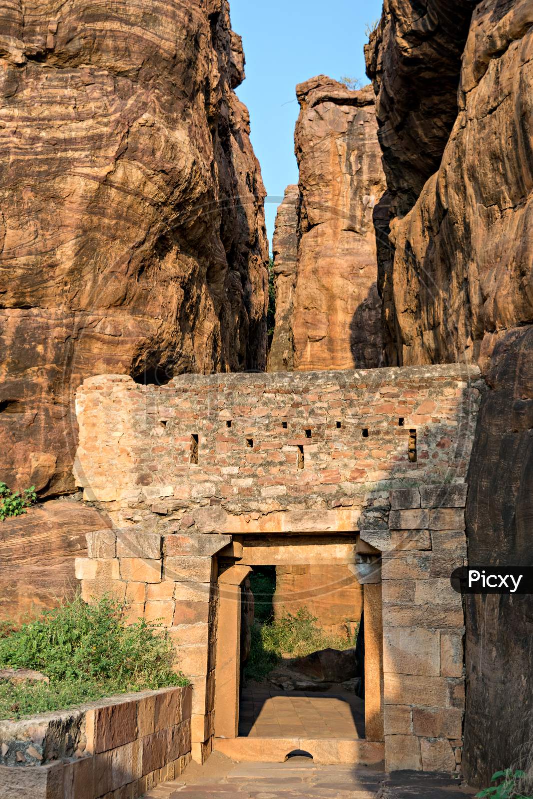 Entrance Of Huge Ancient Stone Carved Temples In Badami Fort, Karnataka,India.