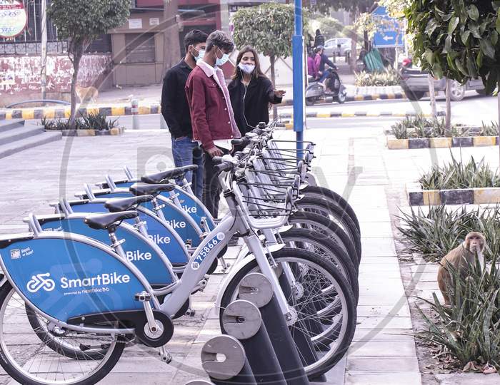 New Delhi, India - Jan 10, 2021 - New smart bikes station (Tourists rent a bike) at Patel Chowk metro station