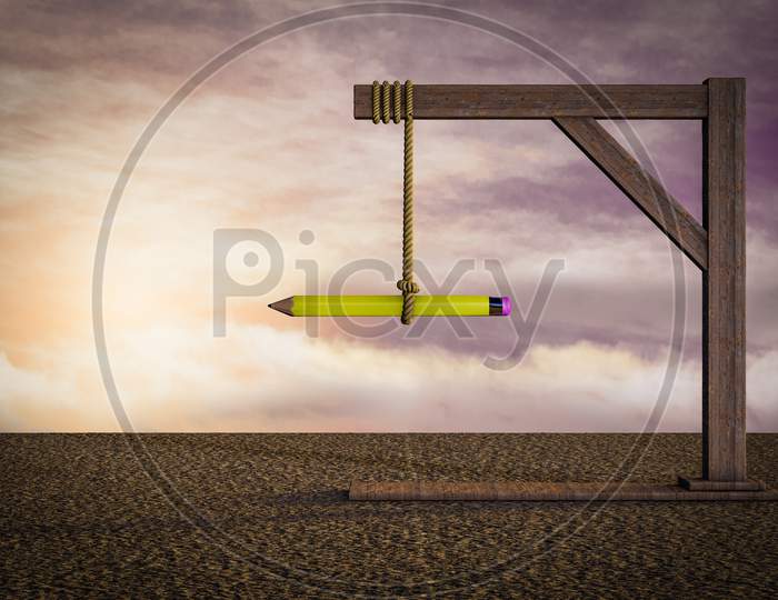 Yellow Pencil On Gallows At Sunset Magenta Day Demonstrating Back To School Struggle Concept. 3D Illustration
