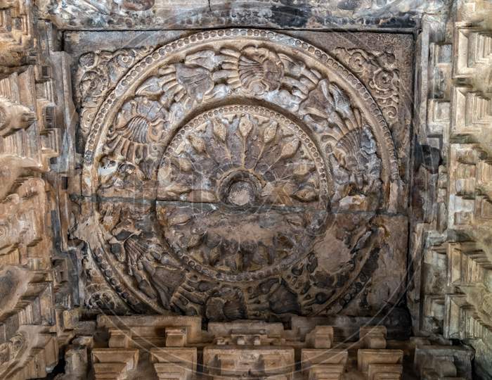 Intricate Stone Carved Artifacts On Ceiling Of Goddess Durga Temple In Aihole.