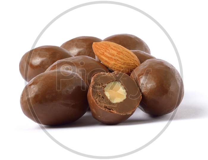 Almond Chocolate Dragees With Clipping Path Isolated On White Background