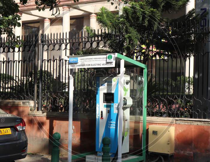 New Delhi - India - Jan 10th 2021: Drivers Electric Car charging station, this Charging stations around government offices have been used by government fleet vehicles.