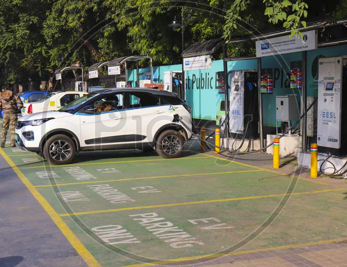 New Delhi - India - Jan 10, 2021: Drivers Electric Car charging station, this Charging stations around government offices have been used by government fleet vehicles.