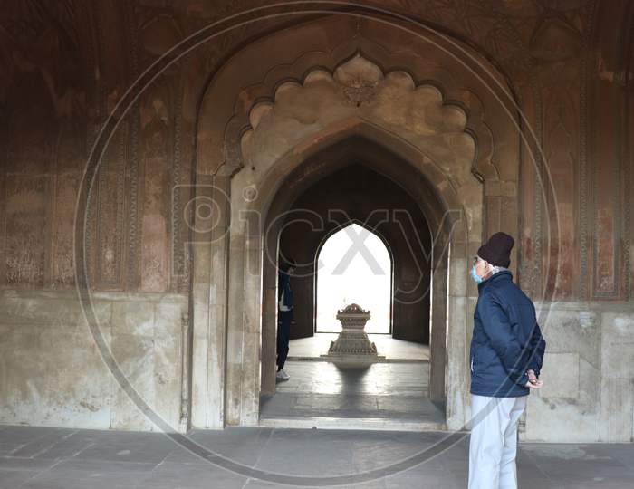 Delhi, India - January 10, 2021: Grave of Safdarjung at Safdarjung's Tomb, Mughal style mausoleum built in 1754, New Delhi, India