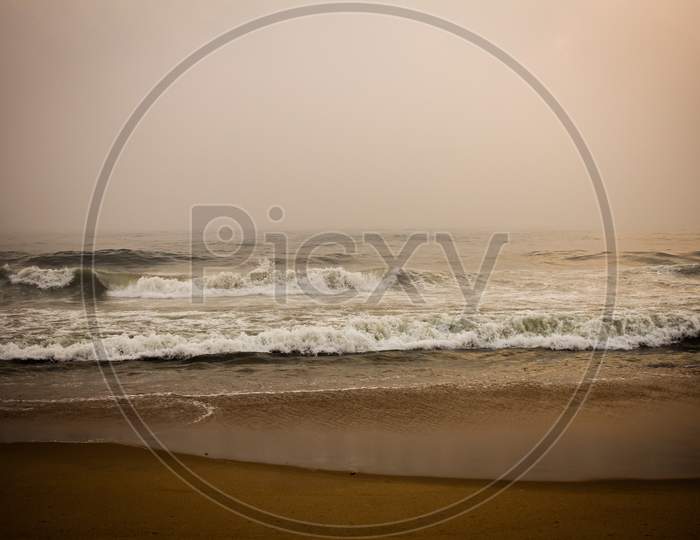Scenic View Of The Waves Of The Bay Of Bengal Along Marina Beach, Chennai, India
