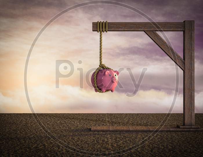 Ceramic Pig On Gallows At Sunset Magenta Day Demonstrating Safe Money Struggle Concept. 3D Illustration