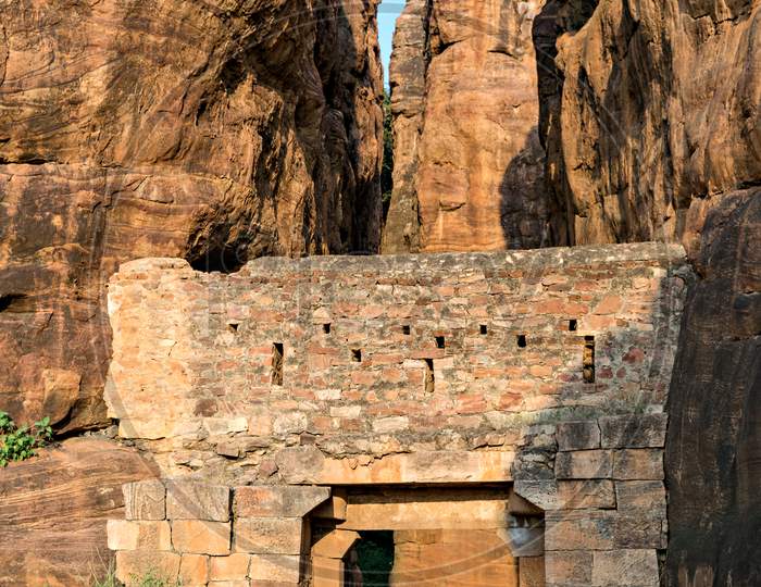 Entrance Of Huge Ancient Stone Carved Temples In Badami Fort, Karnataka,India.