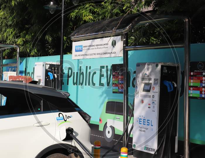 New Delhi - India - Jan 10, 2021: Drivers Electric Car charging station, this Charging stations around government offices have been used by government fleet vehicles.