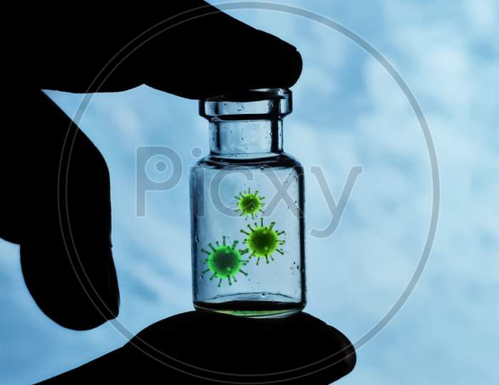 The Green Virus Is In A Glass Jar 3D illustration 3D rendering