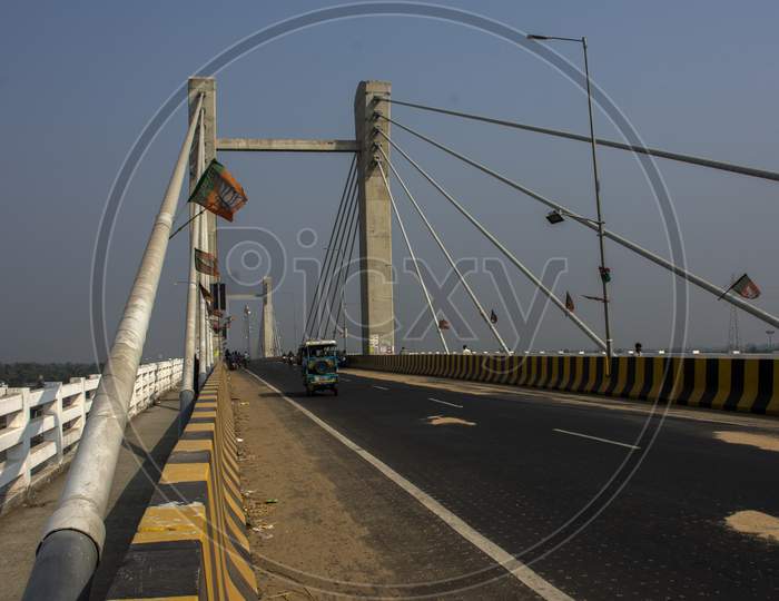 A Newly Made Bridge At Namkhana, West Bengal Over Matla River And Some Flags Of Bjp.