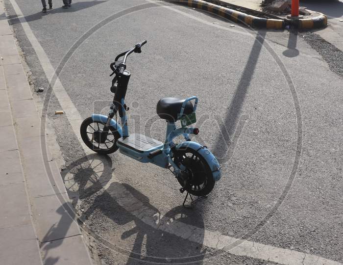 New Delhi, India - Jan 10 2021: Group of Yulu Miracle Cycle and Electric Bike For Rental Fare Parking Near the Leo Tolstoy Road