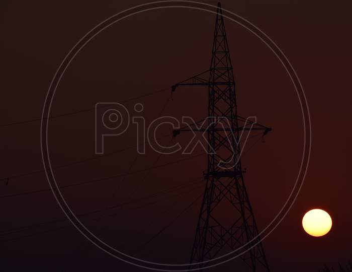 Beautiful Picture Of Electricity Tower And Sunset In Background Uttarakhand India