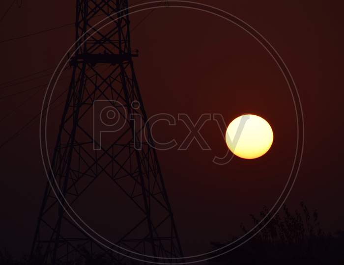 Close Up Picture Of Electricity Tower And Sunset In Background Uttarakhand India
