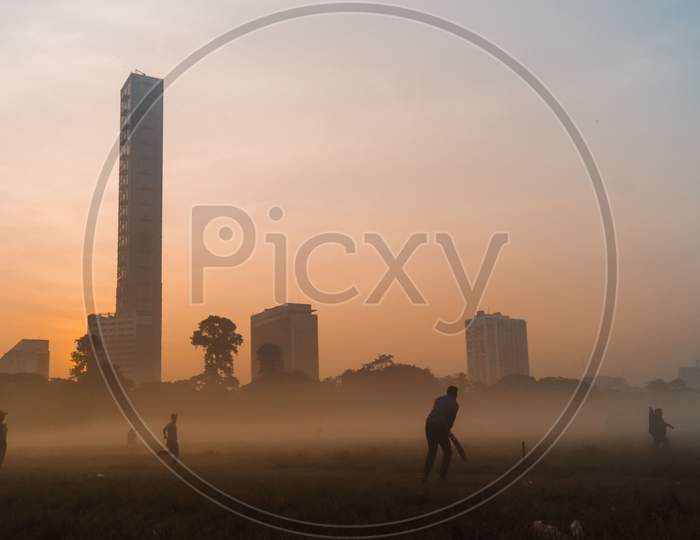 Cricket match on a foggy morning.