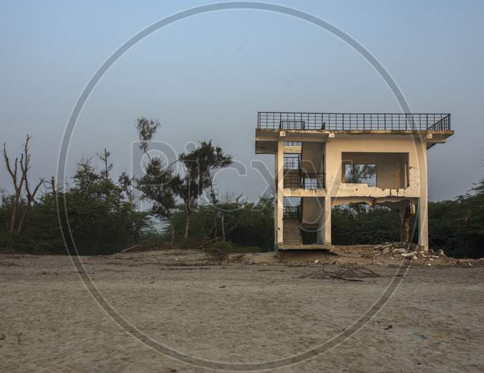 A Broken And Abandoned Building On A Sea Shore Due To Storm At Henry Island Beach, West Bengal, India.