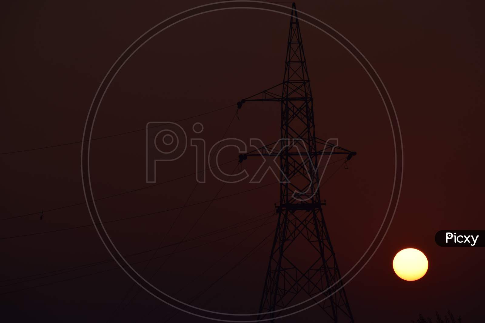Beautiful Picture Of Electricity Tower And Sunset In Background Uttarakhand India