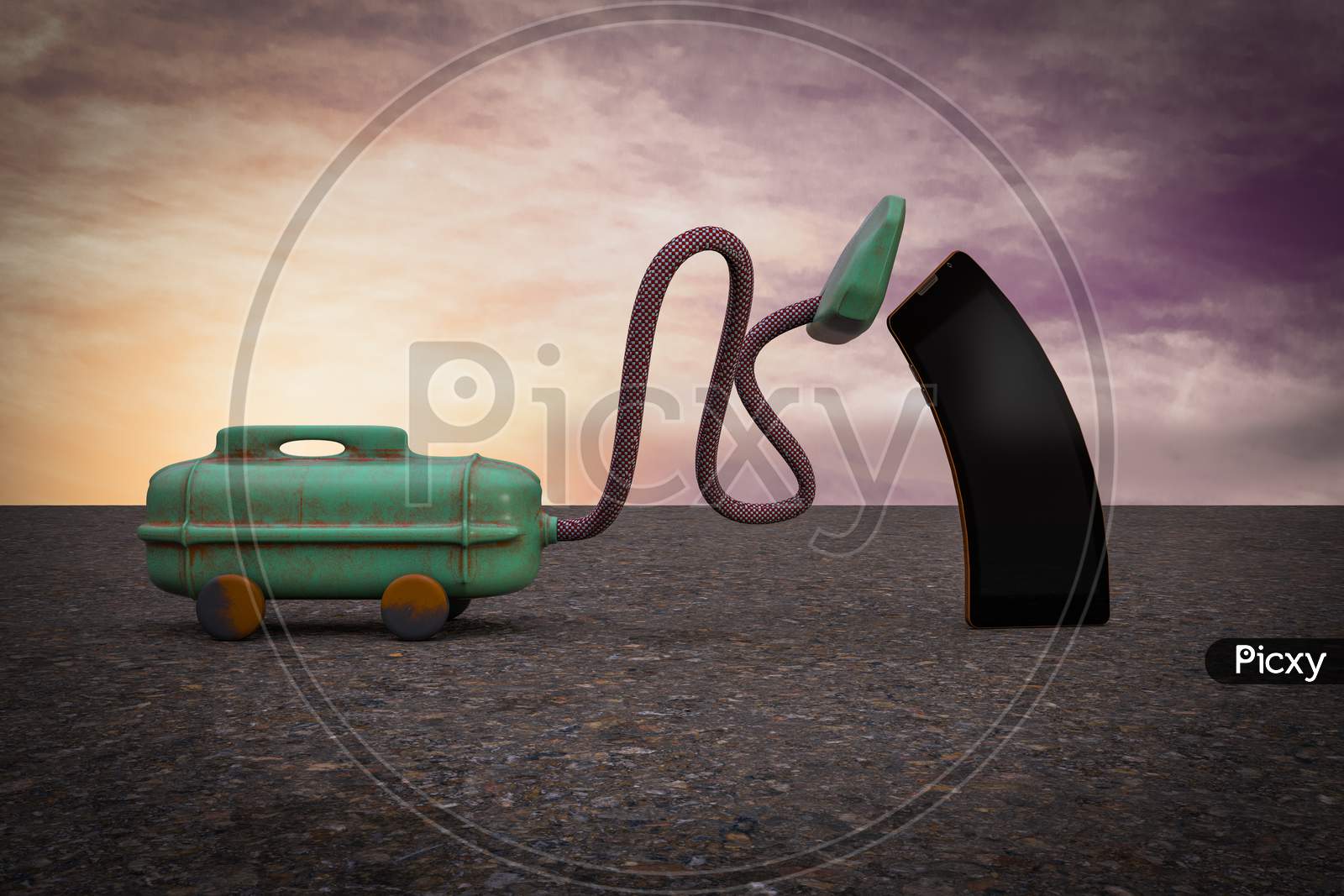 Vacuum Cleaner Sucking A Phone At Sunset Magenta Day Demonstrating Technology Phone Losing Concept. 3D Illustration