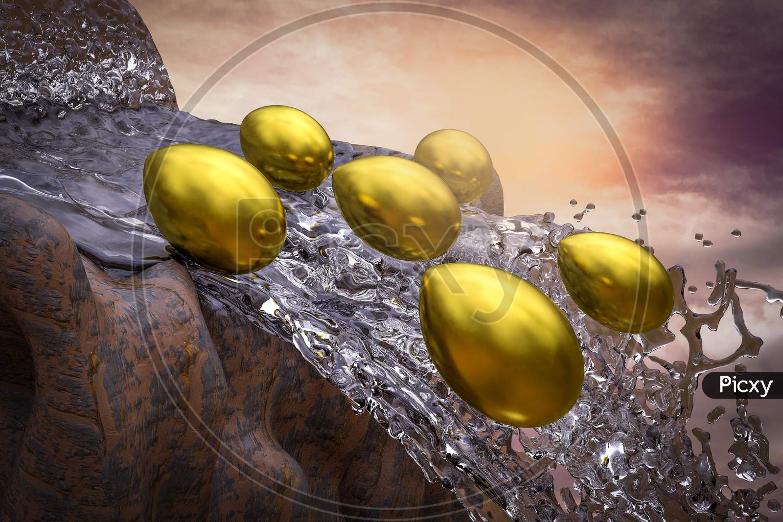Golden Eggs Fall From A Waterfall At Sunset Magenta Day Demonstrating Retirement Failure Concept. 3D Illustration