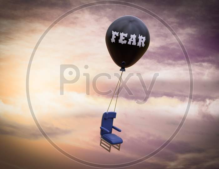 A Black Balloon That Says Fear Carries An Airplane Chair Demonstrating Feelings Of Fight Or Flight Anxiety Concept . 3D Illustration