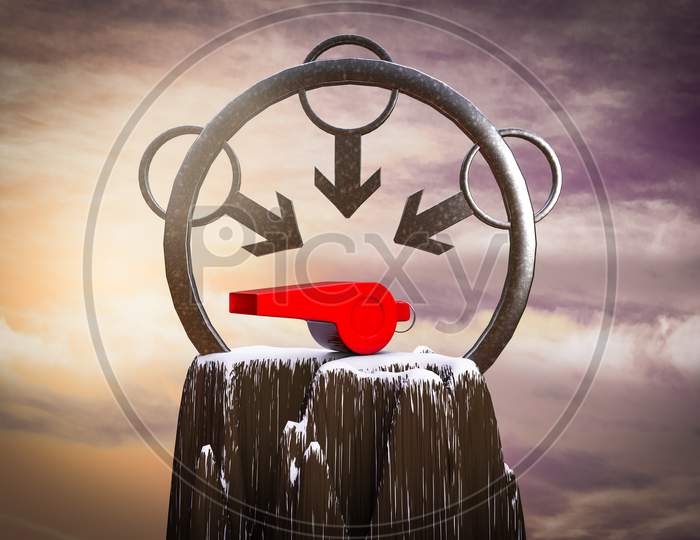 Whistle At The Top Of The Mountain With A Male Symbol Around It Demonstrating Reporting Sexual Assault And Workplace Harassment Concept. 3D Illustration