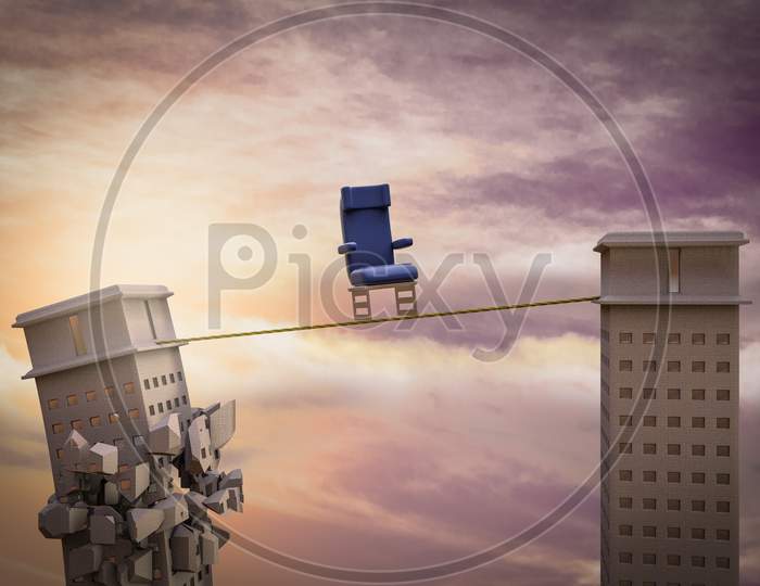 Plane Chair On A Rope With A Skyscraper Ready To Fall Demonstrating Feelings Of Fight Or Flight Anxiety. 3D Illustration