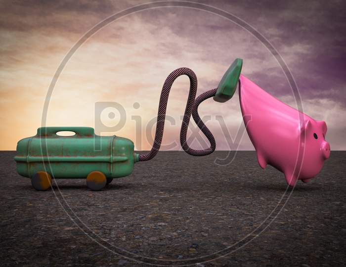 Vacuum Cleaner Sucking Ceramic Pig At Sunset Magenta Day Demonstrating Losing Money Concept. 3D Illustration