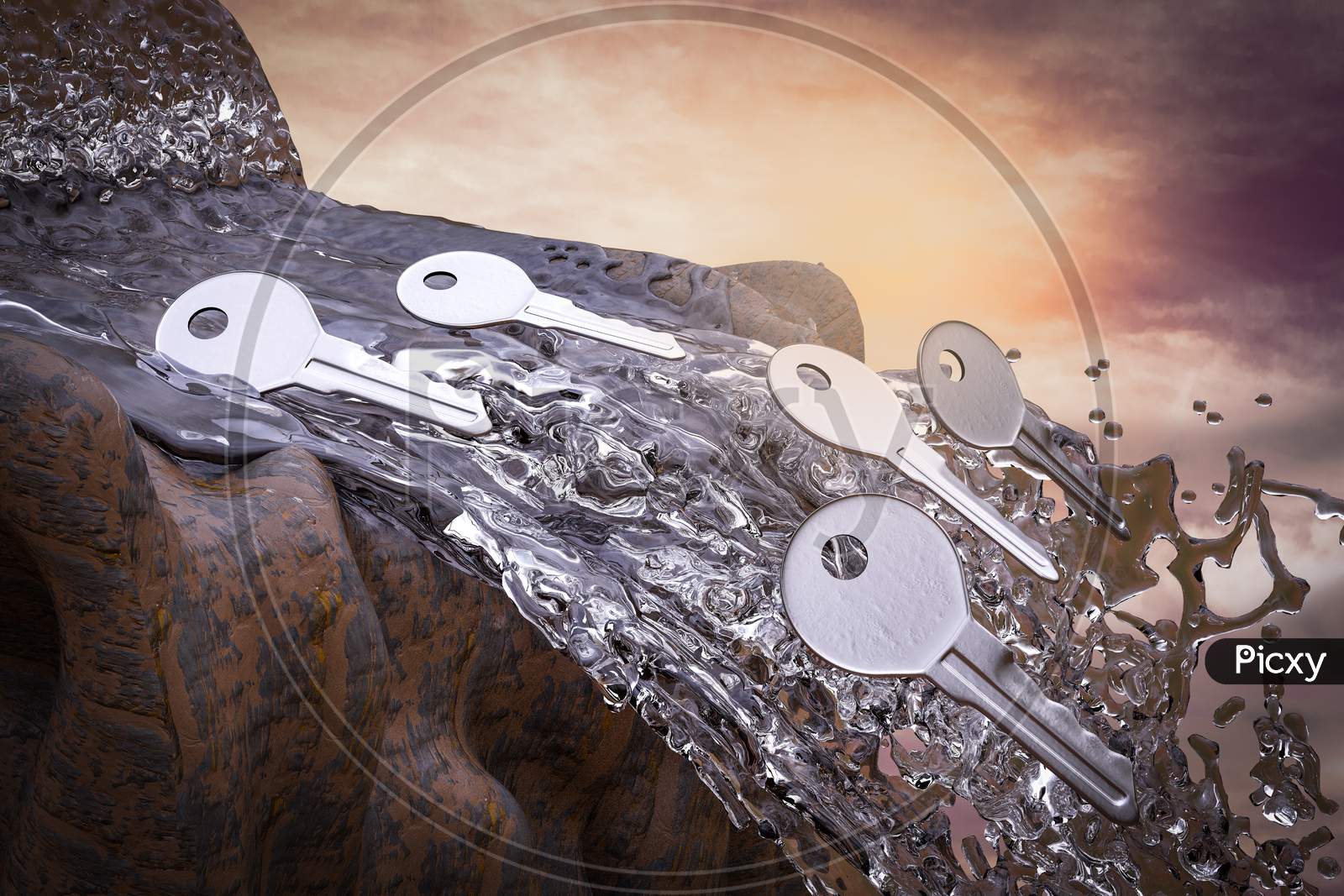 Metal Key Fall From A Waterfall At Sunset Magenta Day Demonstrating Real Estate Failure Concept. 3D Illustration