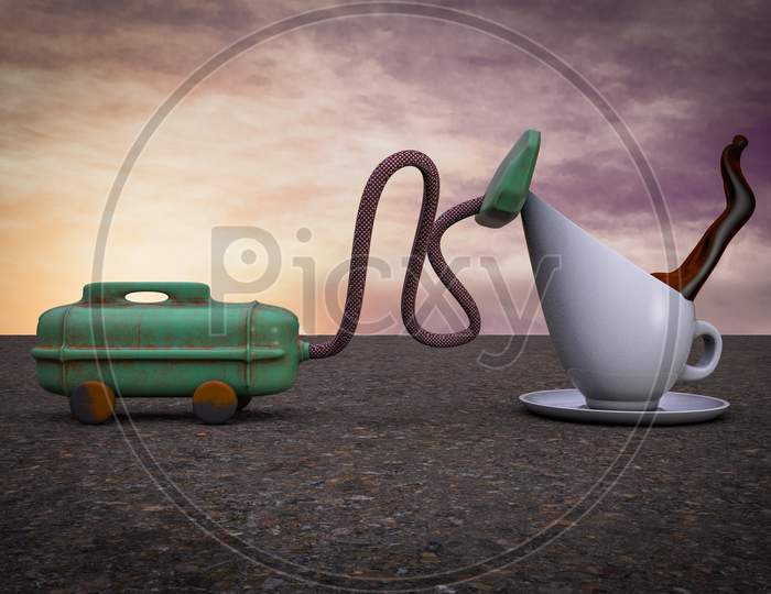 Vacuum Cleaner Sucking Coffee Cup At Sunset Magenta Day Demonstrating Sleep Losing Concept. 3D Illustration