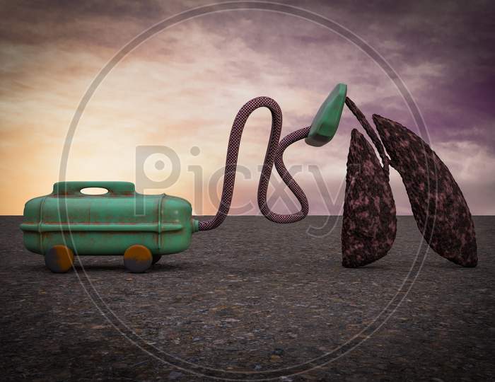 Vacuum Cleaner Sucking Disease Lung At Sunset Magenta Day Demonstrating Losing Your Health Concept. 3D Illustration