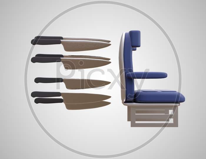 An Airplane Chair With Many Knives Behind It Demonstrating Feelings Of Fight Or Flight Anxiety Concept. 3D Illustration