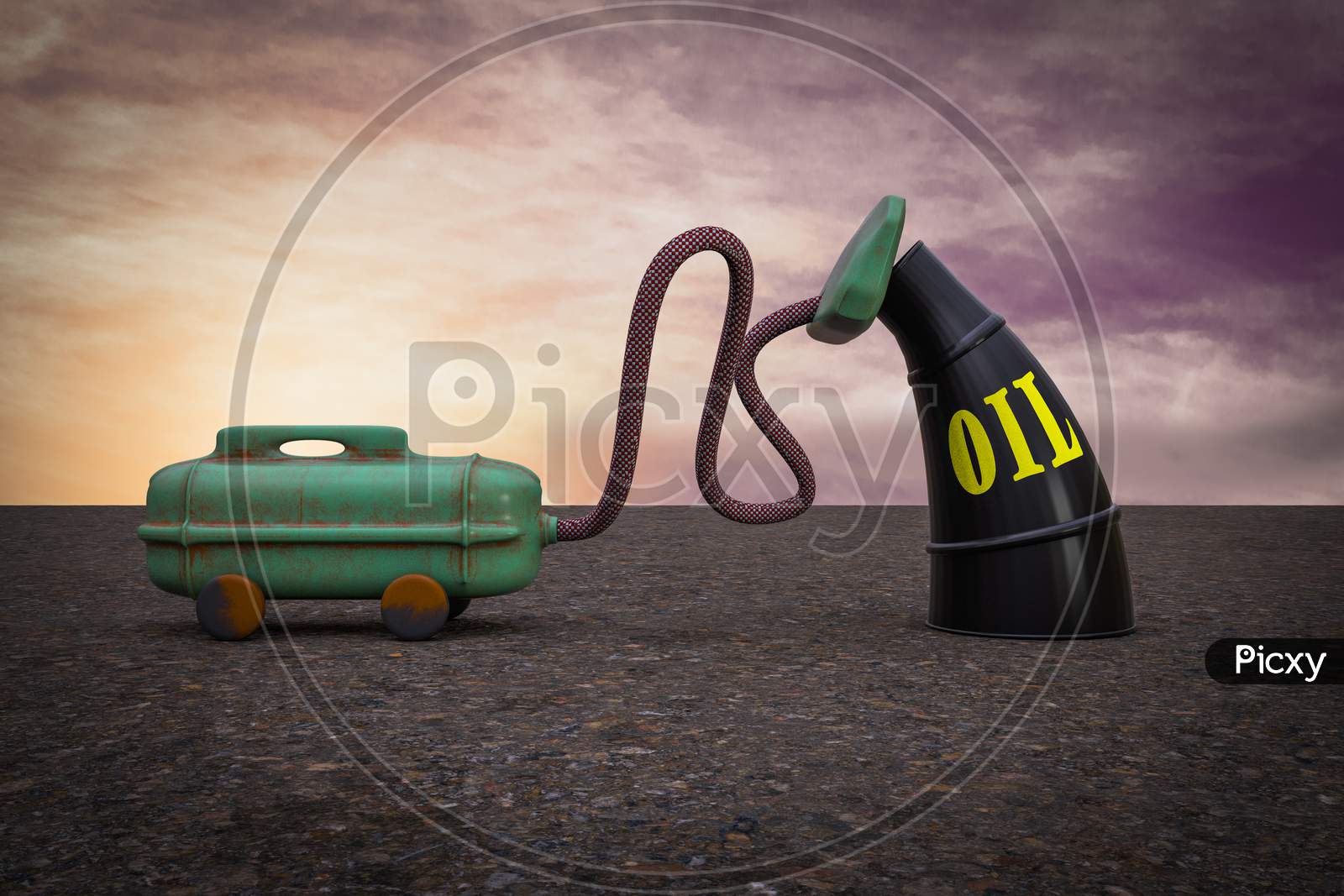Vacuum Cleaner Sucking Black Metal Oil Barrel At Sunset Magenta Day Demonstrating Oil Price Losing Or Suck Concept. 3D Illustration