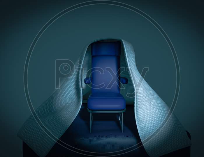 Airplane Chair Covered With A Blanket Demonstrating Extreme Feelings Of Fight Or Flight Anxiety Concept. 3D Illustration