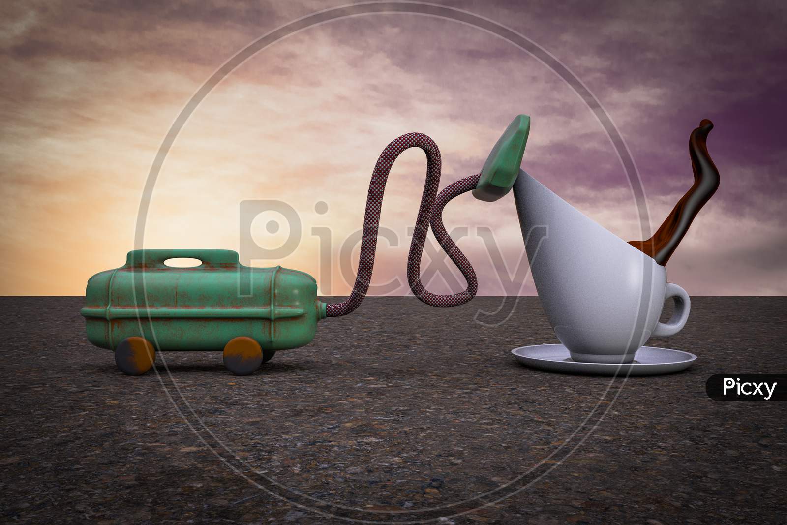 Vacuum Cleaner Sucking Coffee Cup At Sunset Magenta Day Demonstrating Sleep Losing Concept. 3D Illustration