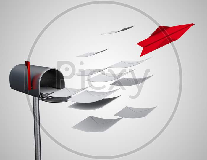 A Red Paper Airplane Flies Through A Mailbox Demonstrating Competitive Advantage Corporate Concept. 3D Illustration