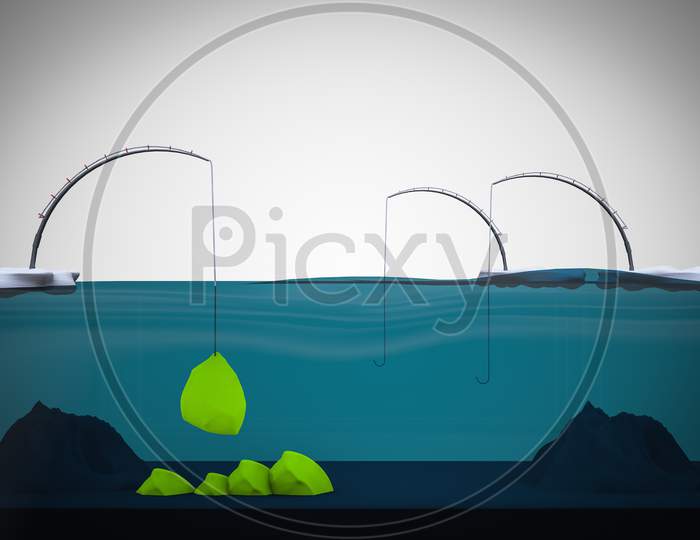 Fishing Rod Fishes Gold At The Bottom Of The Sea Demonstrating Competitive Advantage Corporate Concept. 3D Illustration