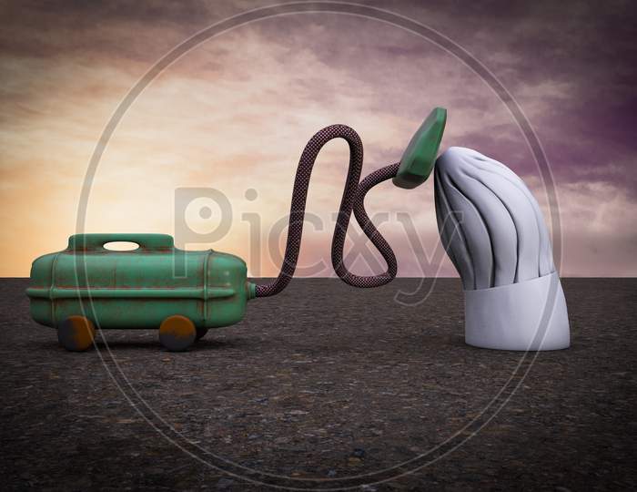 Vacuum Cleaner Sucking Chef Hat At Sunset Magenta Day Demonstrating Cooking Idea Losing Concept. 3D Illustration