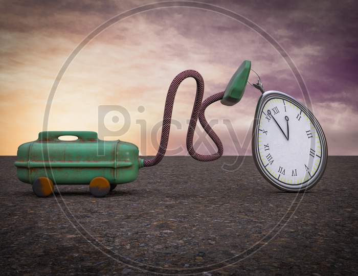 Vacuum Cleaner Sucking Pocket Watch At Sunset Magenta Day Demonstrating Losing Time Concept. 3D Illustration