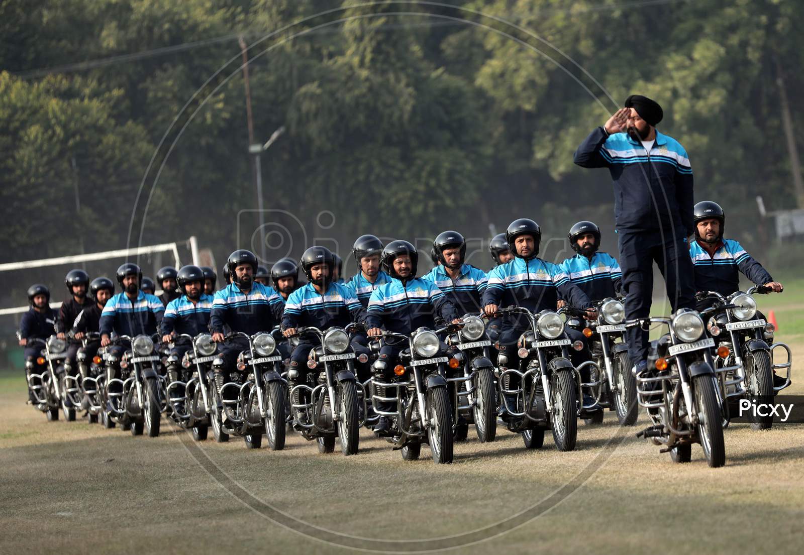 Jammu and Kashmir police's 'Daredevil' team during a practic for Republic Day at University grounds in Jammu ,15JAN,2021.