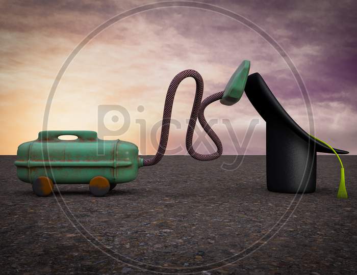Vacuum Cleaner Sucking Graduate Cap At Sunset Magenta Day Demonstrating Education Losing Concept. 3D Illustration